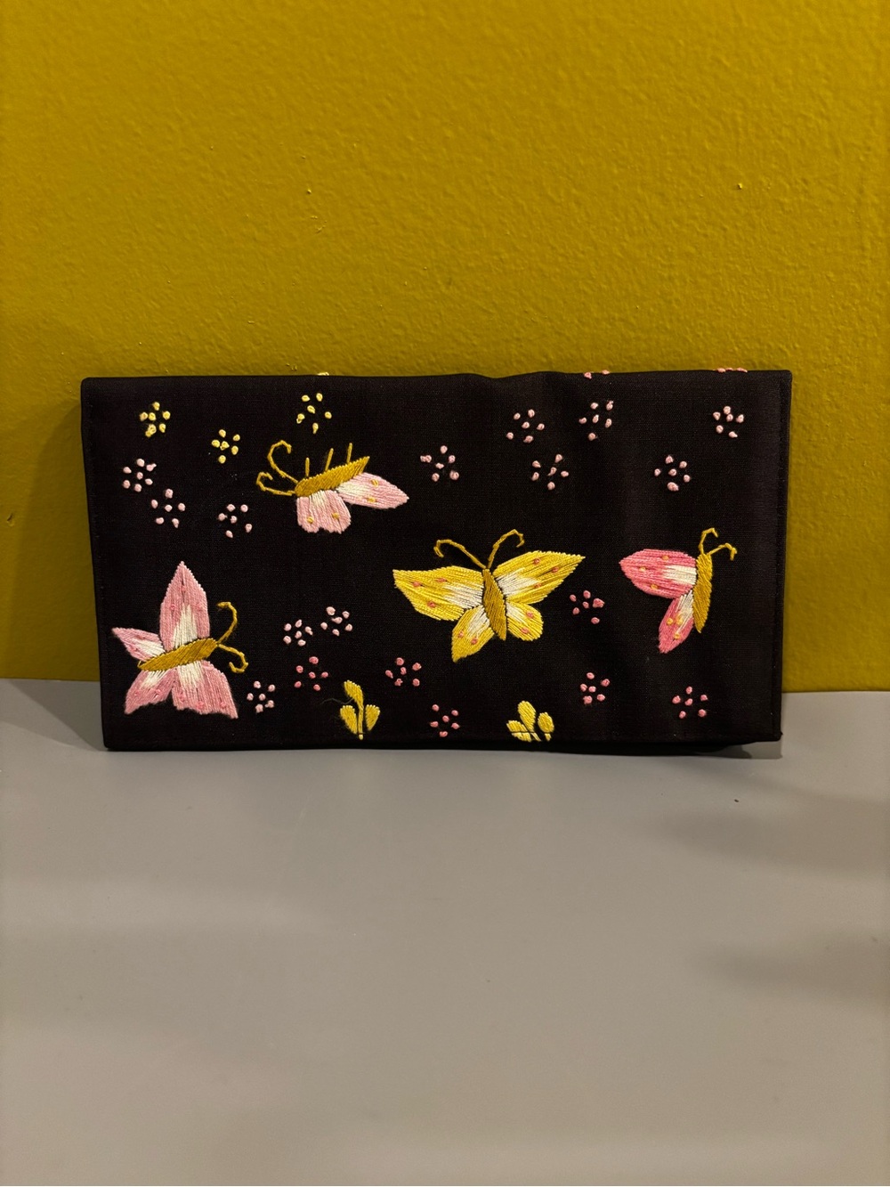 Black Embroidered Butterfly Clutch with Pink & Yellow Accents1639